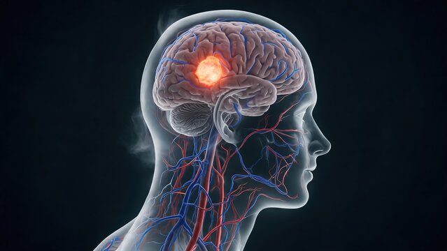Brain Tumor, Medical Anatomical Illustration Showing Intracranial Lesion, Tumor Tissue and Pathological Changes Inside Human Brain Structure