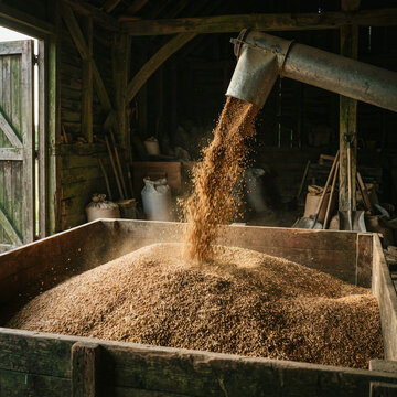 Grain pouring from a metal chute into a large wooden bin inside a rustic agricultural barn