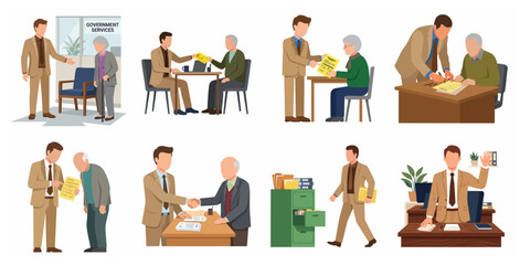 Fototapeta premium Set of vector illustrations of government official assisting elderly citizens with documents and public services in a professional office environment