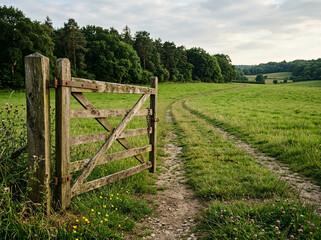 Fototapeta premium Weathered wooden gate slightly ajar with chain leading to expansive grassy field and treeline