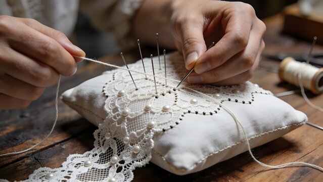 Artisan hands creating Alen&ccedil;on needle lace with fine needle and thread, UNESCO intangible cultural heritage, French craftsmanship