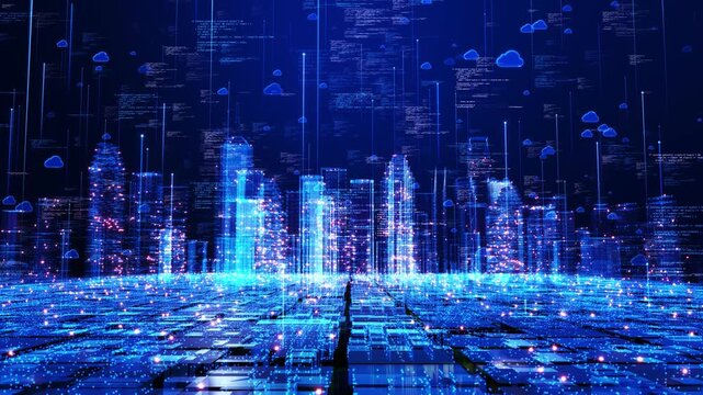Digital city cloud services, programming code network connections across skyline. cloud enterprise computing, AI orchestration, data storage, software platforms, cyber security distributed systems.