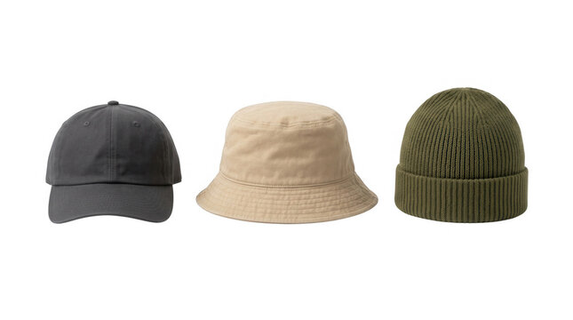 A variety of fashionable hats featuring a baseball cap bucket hat and beanie displayed on a clear background