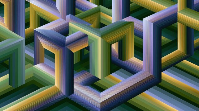 Abstract geometric optical illusion with repeating impossible cubes in green and blue gradients conveying complexity and depth