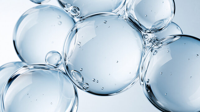Macro shot of numerous clear, translucent liquid bubbles with glossy, reflective surfaces, showcasing a pristine and ethereal light blue background, ideal for concepts of science,