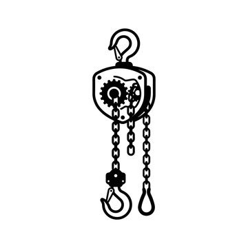 Elegant Black and White of a Chain Hoist with Hook and Gear Mechanism for Industrial Use with high quality professional line art symbols for modern creative design and digital branding projects
