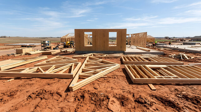 Prefabricated Timber Roof Trusses and Wall Frames Resting on Construction Ground | Modern House Framing Site with Assembled Wooden Wall Panels | Residential Building Site with Engineered Wood Trusses 