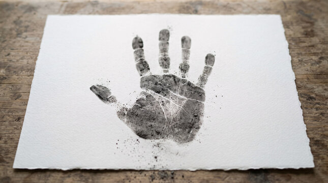A handprint made of dirt on a white piece of paper

