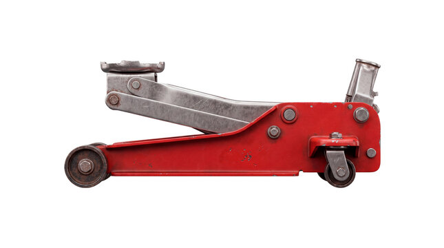 Red hydraulic floor jack isolated on a white and transparent background. Auto mechanic equipment.