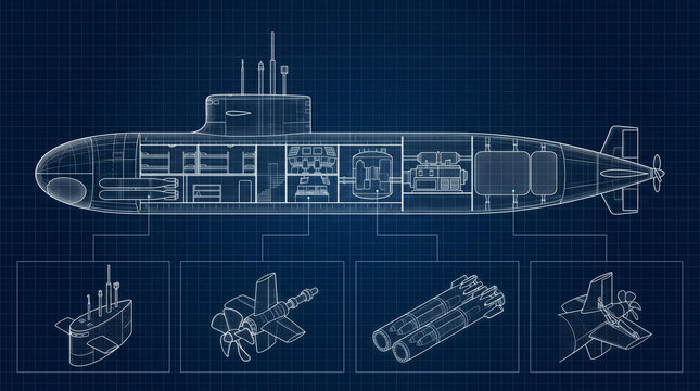 Submarine technical blueprint with interior cross section layout. Detailed naval vessel construction plan with tactical components. Engineering CAD drawing for shipbuilding and concept.