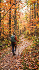 Fototapeta premium Sendero boscoso en otoño con hojas doradas cayendo al viento, bordeado por árboles coloridos y un arroyo de montaña.