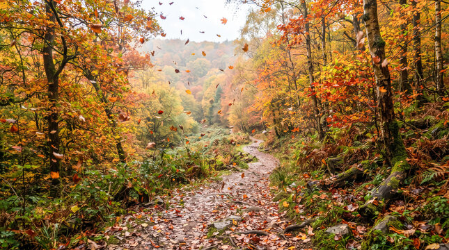 Sendero boscoso en oto&ntilde;o con hojas doradas cayendo al viento, bordeado por &aacute;rboles coloridos y un arroyo de monta&ntilde;a.