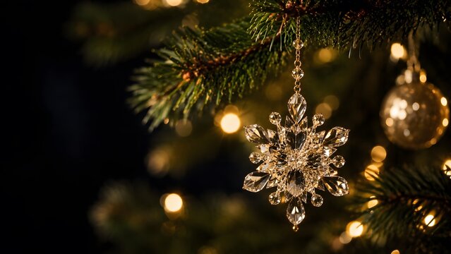 A crystal snowflake ornament hangs delicately from a branch of a christmas tree