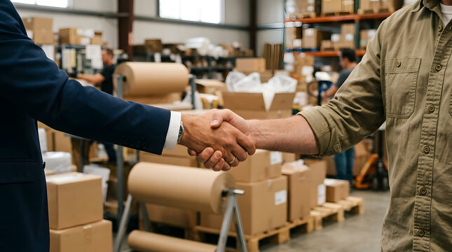 Business Partnership and Handshake Agreement in Logistics Warehouse | Businessman and Factory Worker Shaking Hands in Wholesale Distribution Center | Professional Handshake Between Executive 