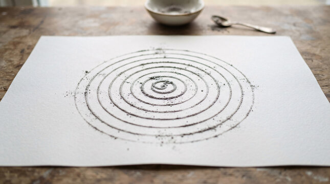 A spiral design drawn on a piece of paper with a cup and spoon in the background

