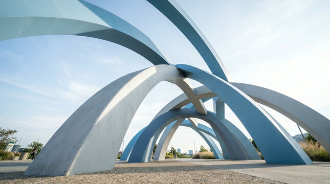 Interconnected concrete arches form a monumental modern sculpture beneath blue sky