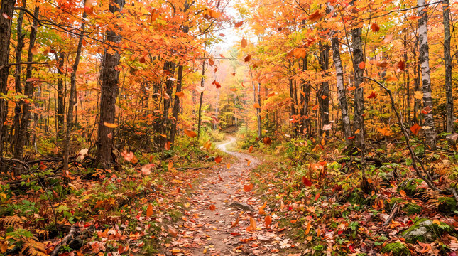 Sendero boscoso en oto&ntilde;o con hojas doradas cayendo al viento, bordeado por &aacute;rboles coloridos y un arroyo de monta&ntilde;a.