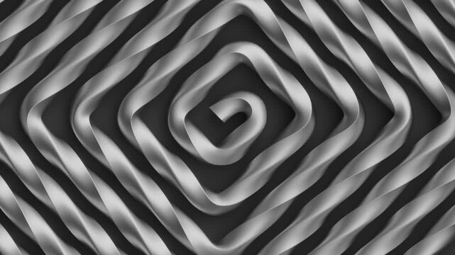 Square silver spiral rotating in a mesmerizing loop. Abstract 3D animation with continuous twisting metallic motion.