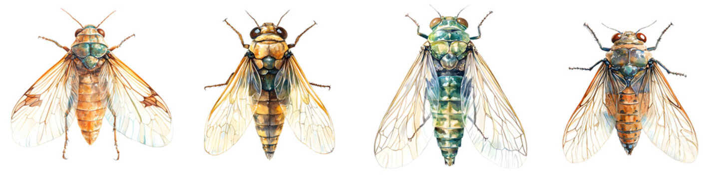 Watercolor illustration of four cicadas with transparent wings in various shades of brown and green
