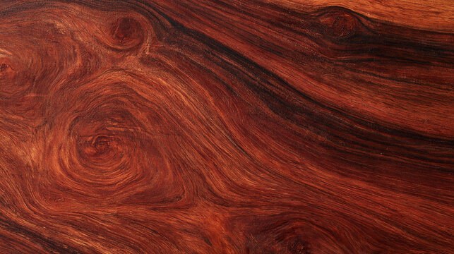 A close-up view of rich dark red rosewood with intricate grain patterns and natural swirls. Ideal for luxury furniture backgrounds and interior design projects.