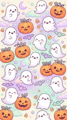 Fototapeta premium Cute halloween pattern with smiling ghosts, jackolantern pumpkins, bats, and candy corn on a pastel gradient background