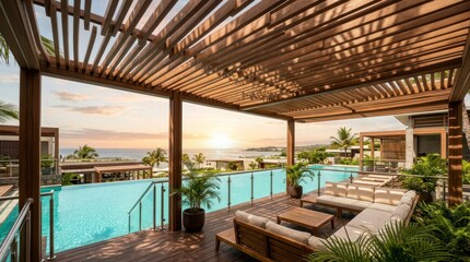 Fototapeta premium Luxury Outdoor Resort Poolside Lounge with Wooden Pergola at Sunset Overlooking the Ocean
