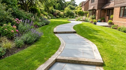Obraz premium Curved Stone Pathway Surrounded by Vibrant Flowers and Lush Greenery in a Tranquil Residential Garden