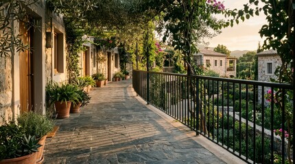 Obraz premium Charming Courtyard with Blossoming Vines and Potted Plants in a Serene Residential Area at Sunset