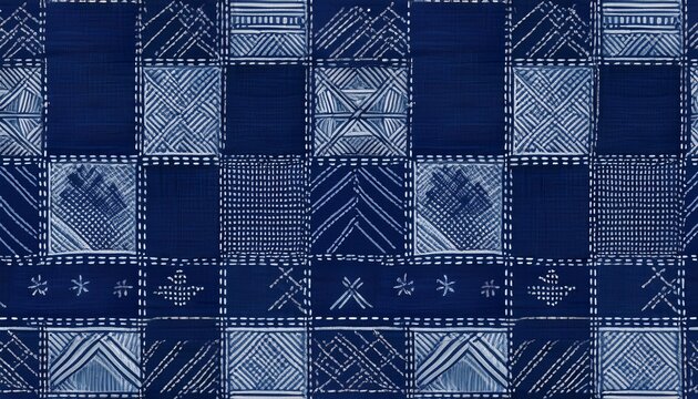seamless indigo boro patchwork pattern with sashiko stitching