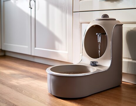 modern ceramic pet water fountain on wooden floor in bright kitchen