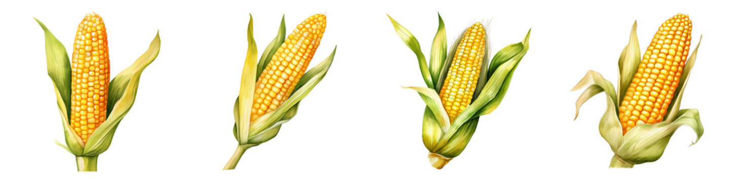 Four watercolor corn cobs with leaves on a black background showcase summer harvest