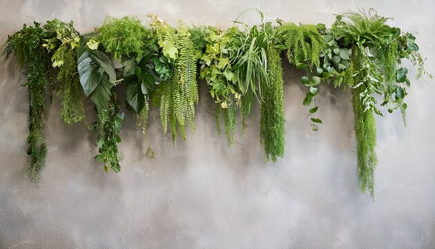 vibrant hanging greenery on textured wall background nature decor concept