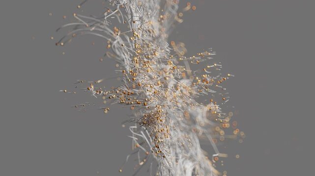 Vertical column of exploding particles with smoky density, abstract simulation for high-impact sci-fi, futuristic, and design projects. 3d render motion.
