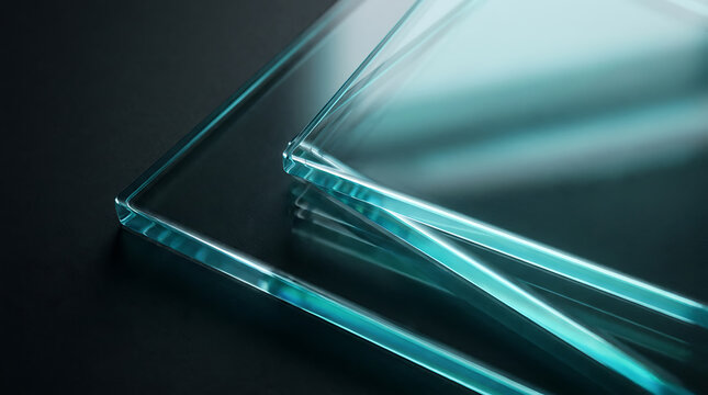 Clear glass sheets stacked on dark surface showing edges and reflections with reflection, material