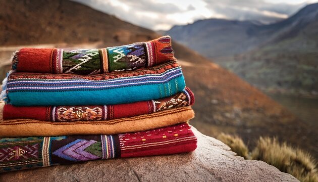 stack of traditional andean blankets with llama patterns on stone