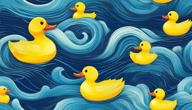 seamless pattern of yellow rubber ducks floating on blue water waves