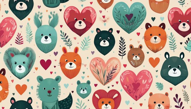 seamless nursery pattern with cute forest animals in hearts