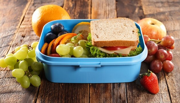 blue plastic lunch box with fresh sandwich and fruit on wooden table
