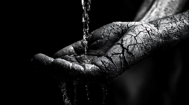 149. A conceptual metaphor for the paradox of control. A person trying to catch water with a hand made of dry, porous clay, the clay cracking as it absorbs the fluid and letting it slip away. 