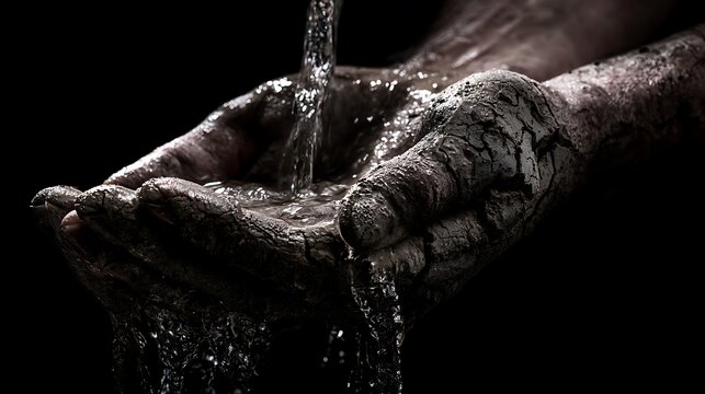 149. A conceptual metaphor for the paradox of control. A person trying to catch water with a hand made of dry, porous clay, the clay cracking as it absorbs the fluid and letting it slip away. 