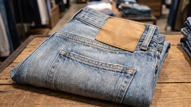 Folded light blue denim jeans with leather label on a wooden table in a clothing store