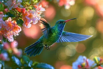 Naklejka premium Colorful hummingbird on a flowering branch, botanical illustration with soft gradients and dreamy background
