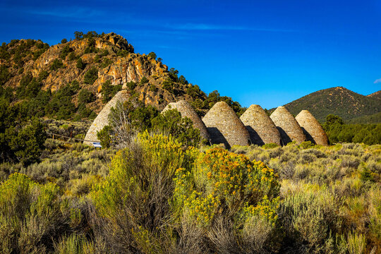 Row of historic stone Ward Charcoal Ovens in Nevada