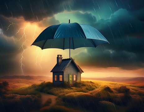 a surreal landscape with an umbrella protecting a house from stormy skies