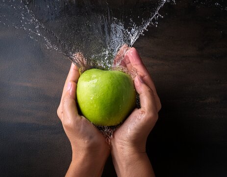 hands holding a green apple splashing water on a dark slate background