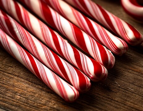 a close up of red and white striped candy canes on a wooden surface