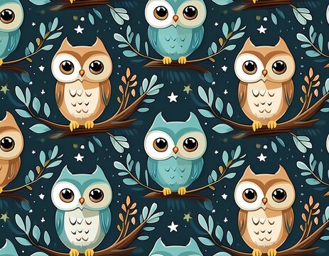 cute owls on branches with stars seamless pattern