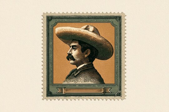 Commemorative stamp art featuring a profile portrait of a revolutionary figure in warm sepia tones