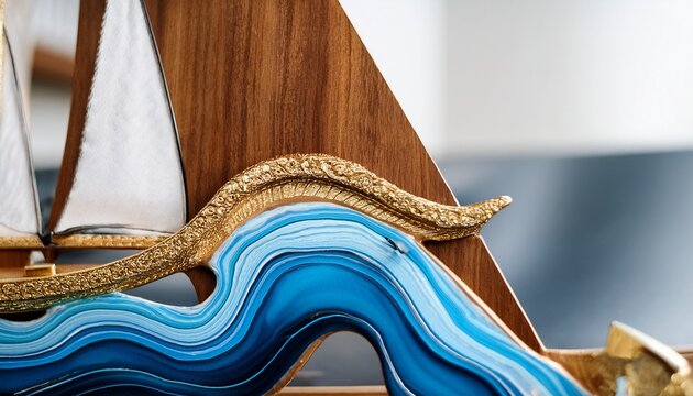 artistic wooden sailboat with blue epoxy waves and gold accents close up