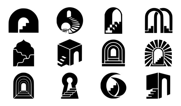 Minimalist generic architectural arches stairs symbol vector clipart set clean unbranded staircase arch monogram black white